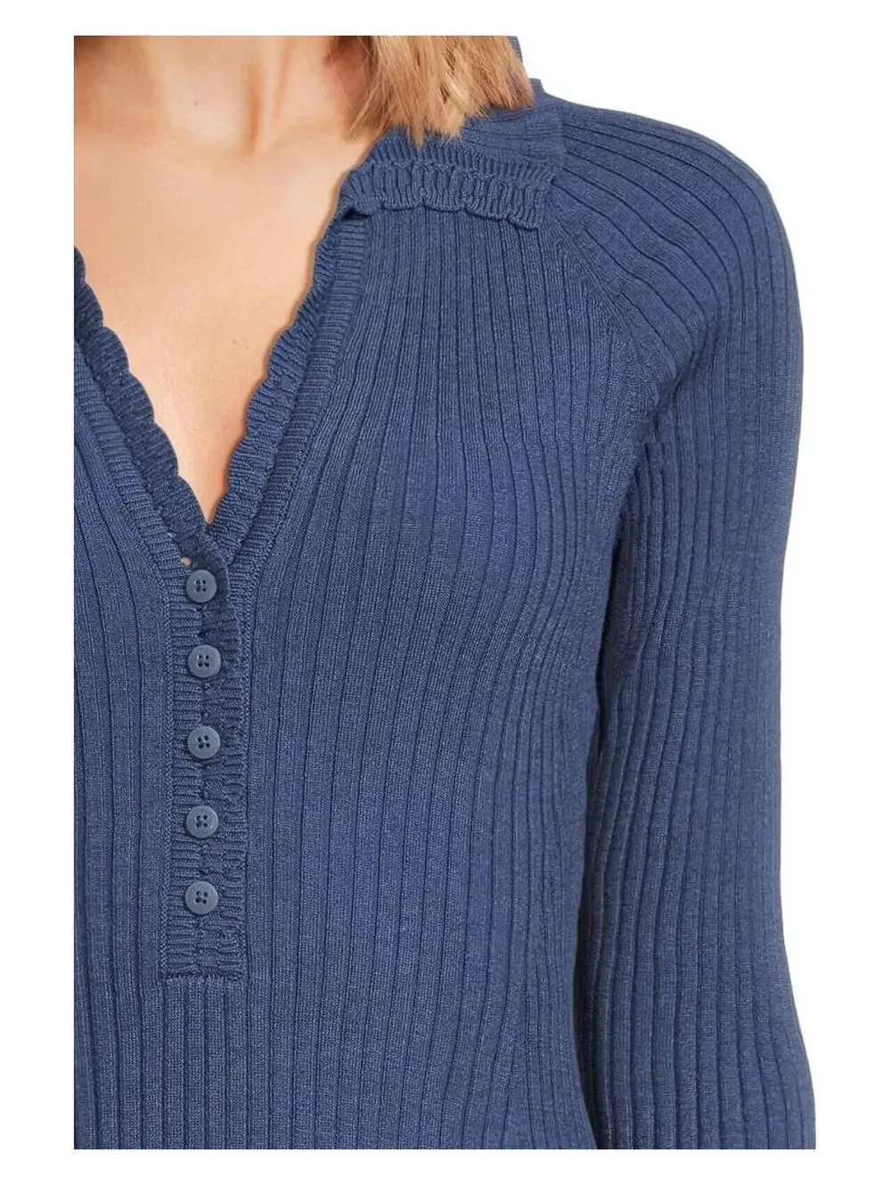 Free People Ready For It Ribbed Knit Scalloped Bodysuit Top Navy Blue Size Large